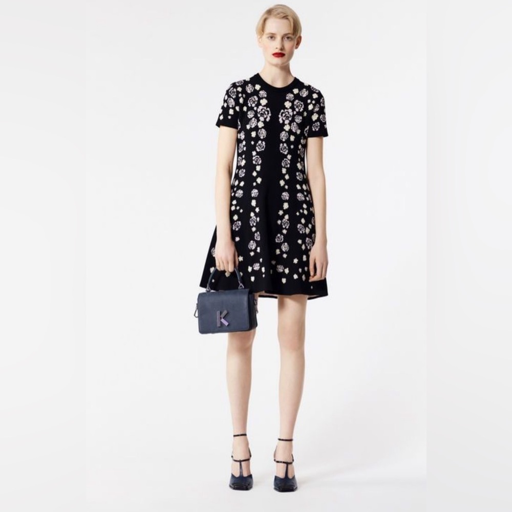 Kenzo Paris Cheongsam Flower Short-Sleeve Floral Fit-and-Flare Dress Large Black
